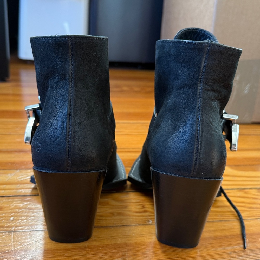 John Fluevog Black Heeled Boots with Ornate Silver Buckle - Picture 5 of 8